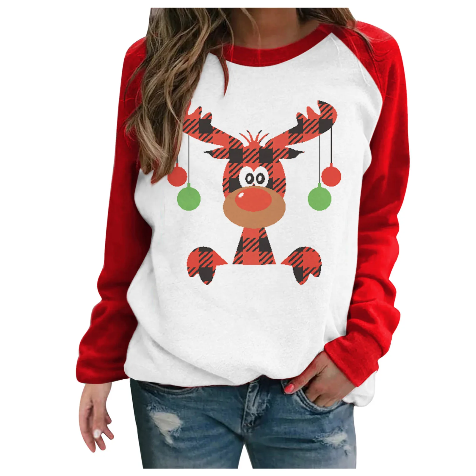 

Women Casual Christmas O-Neck Print Long Sleeves Stitching Pullover Blouses Top