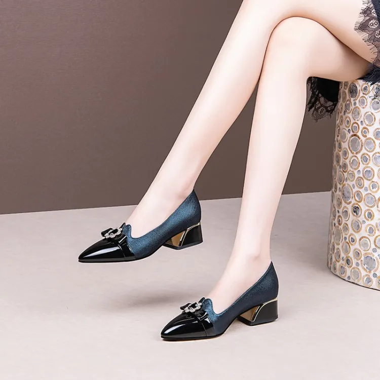 

MLJUESE 2021 Women Pumps Soft Cow leather Autumn Spring Green Color Pointed toe Slip on Crystal high heels pumps Size 42