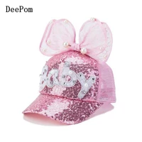 deepom kids baseball cap snapback hats for girls baby big yarn bow sequin mesh children summer mesh cap sun visor 3 8 year bone