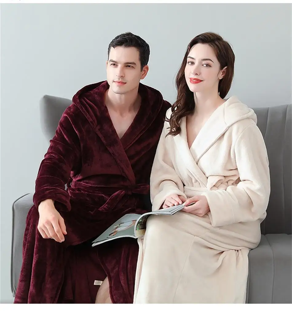 

Kwyaster Hooded Flannel Warm Sleepwear Women's Robe Nightgown Men Thick Kimono Bathrobe Gown Cute Nightdress Loose Lounge Wear