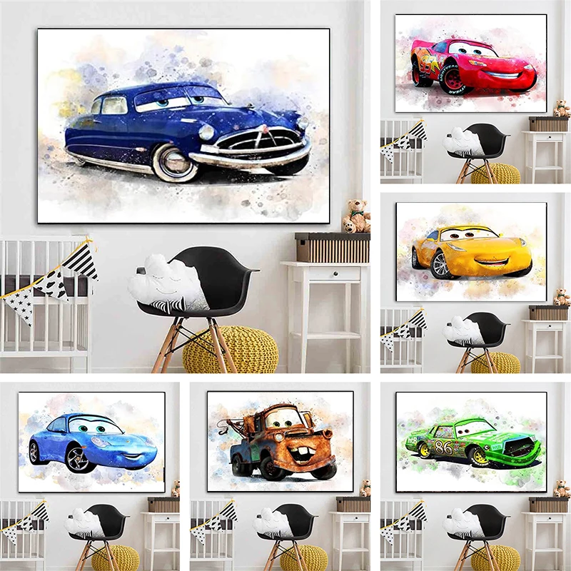 

Abstract Canvas Paintings Disney Lightning McQueen Cars Watercolor Poster and Prints Wall Art Pictures for Kids Room Home Decor