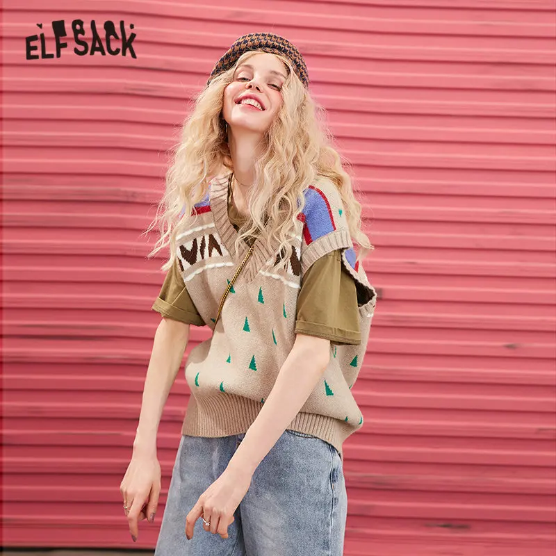 ELFSACK черный вязаный пуловер с графическим узором женский свитер жилет весна 2020
