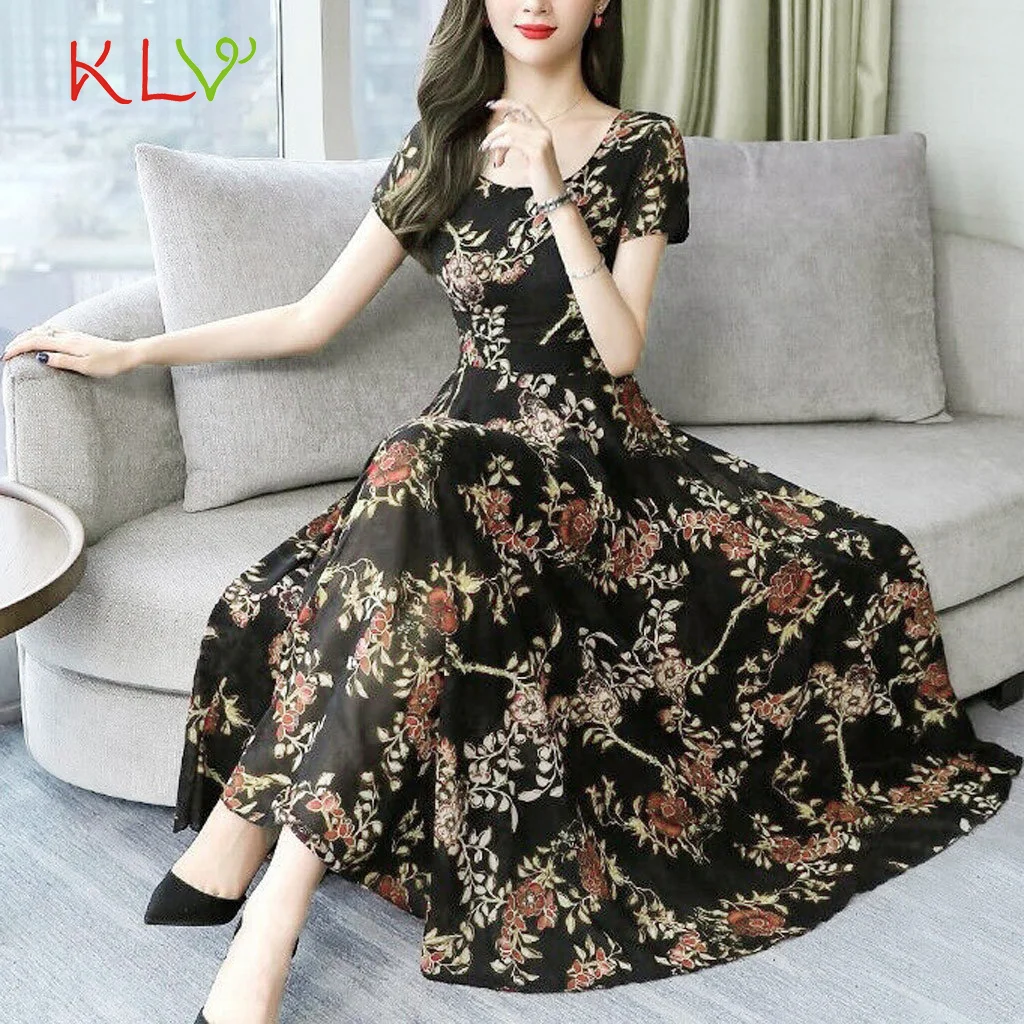 Летнее платье Винтаж синий Цветочный принт короткий рукав Макси платья