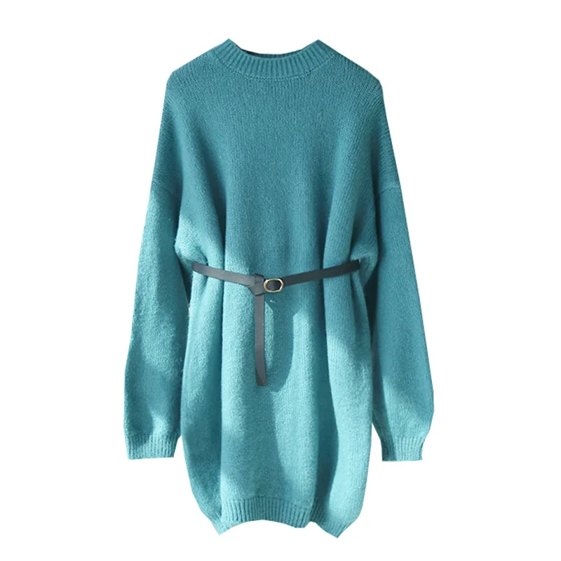 Элегантное OL Свободное длинное платье свитер с круглым вырезом женское плотное