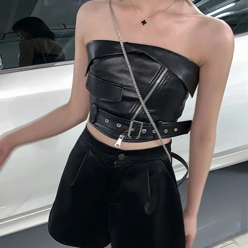 

Women PU Bandeau Crop Top With Belt Detail Moto & Biker Style Faux Leather Tube Top