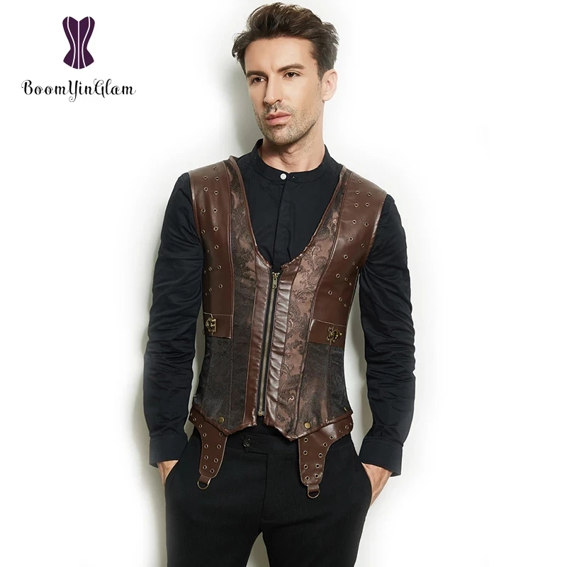 Мужской корсетный пиджак корсеты спиральные стальные с косточками коричневый