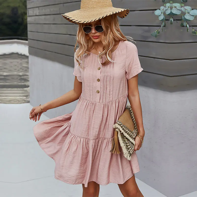 

Spring New Solid Short Dress Women 2021 Casual O Neck Button Summer Dress Ladies Loose Short Sleeve A Line Dresses