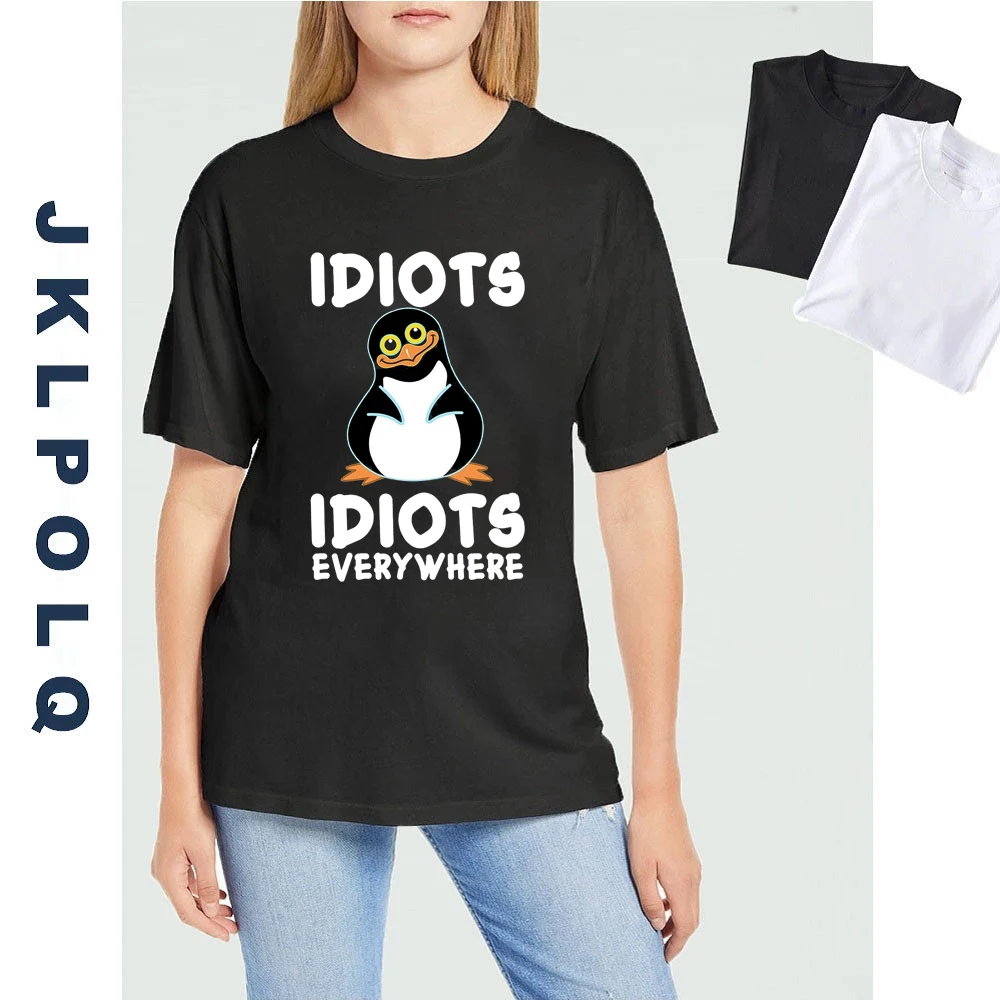 

Casual Harajuku T-Shirt Idiots Everywhere Funny Penguin Graphic Vintage Women T Shirt Oversized Humor Tops Cotton Streetwear 3xl