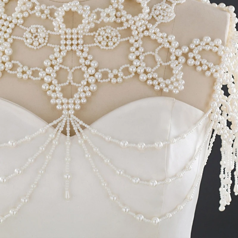 

Wedding Imitation Pearl Bib Choker Necklace Jewelry Beading Body Chain Shawl Collar Layered Decorative Vest Accessories