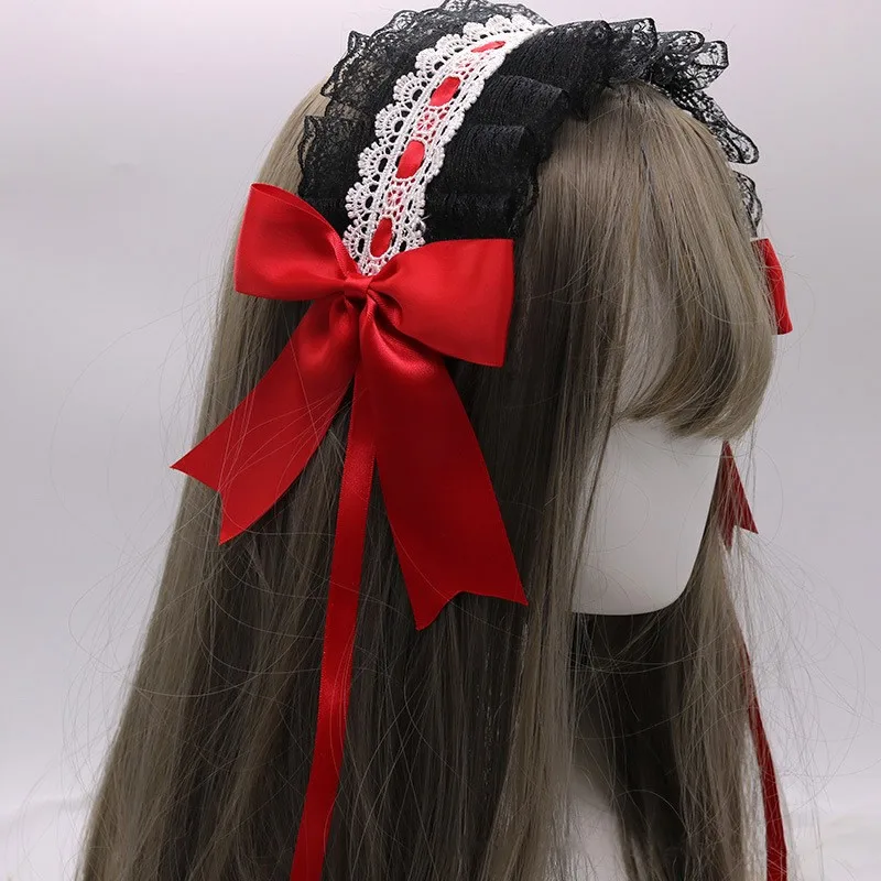 

Женская повязка на голову Kawaii Lolita, ручная работа, повязка на голову, многослойная Кружевная повязка на голову с бантиками, скрытая заколка, л...