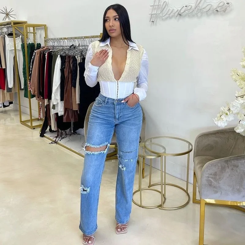 

Женские модные рваные джинсы с широкими штанинами, шикарные винтажные повседневные теплые брюки из денима на молнии с высокой талией, зима ...