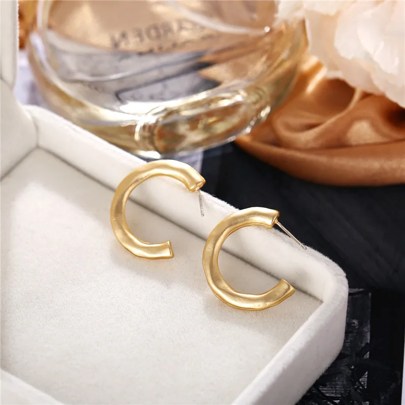 New Korean Irregular Matte Gold Open Hoop Earrings Vintage Hammered Twisted Geometric Circle Drop for Women | Украшения и