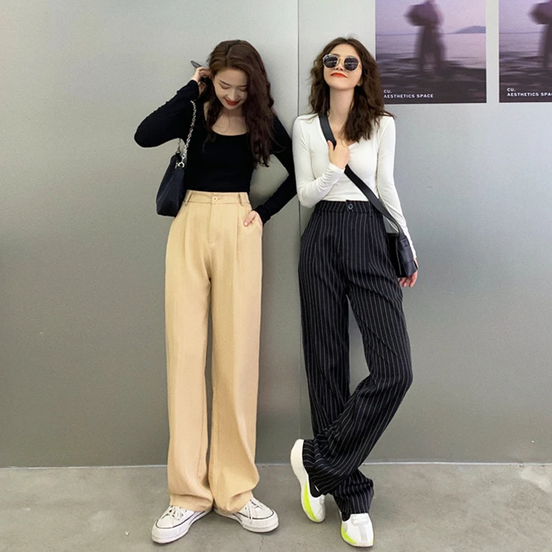 

FINEWORDS Office Suit Striped Pants Women Vintage Full Length Loose Pants Casual High Waist Wide Leg Work Wear Straight Pants