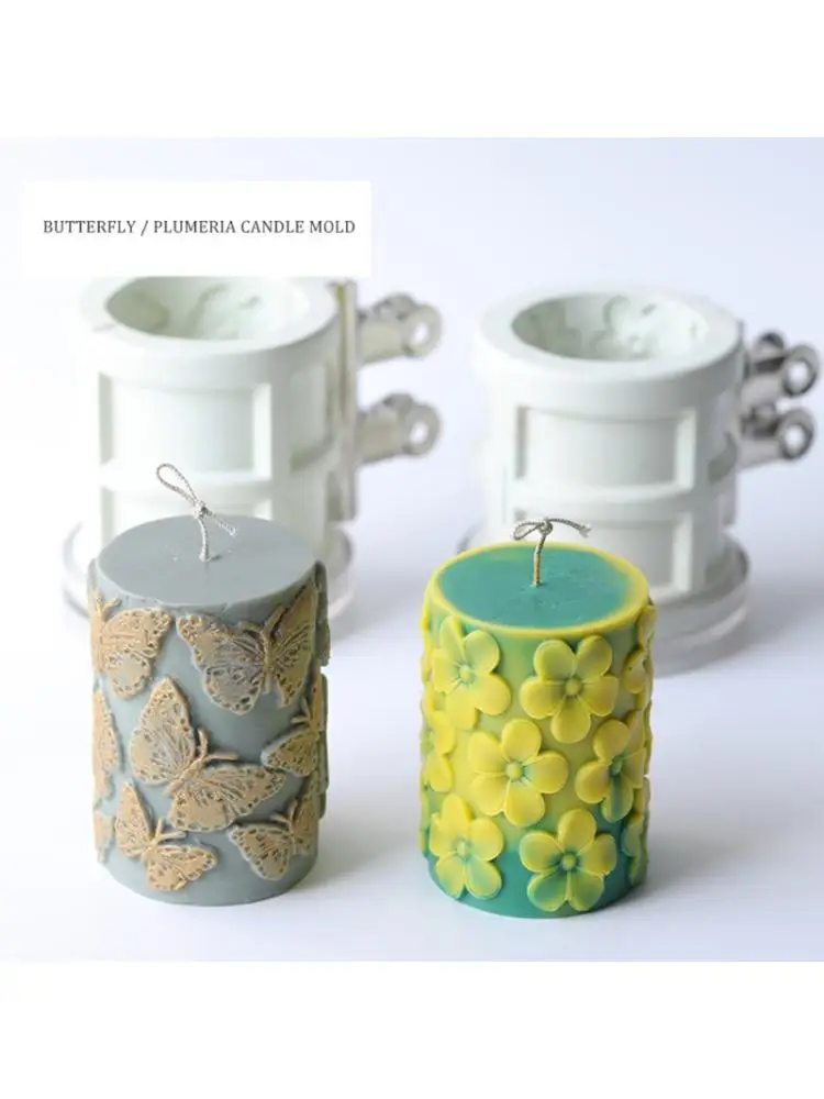 

3D Cylinder Butterfly Plumeria Candle Molds Embossed Flower Silicone Soap Mold B36D