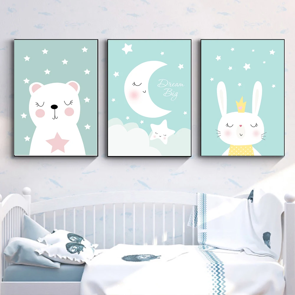 Настенный постер с изображением медведя кролика Луны милых мультяшных картин на
