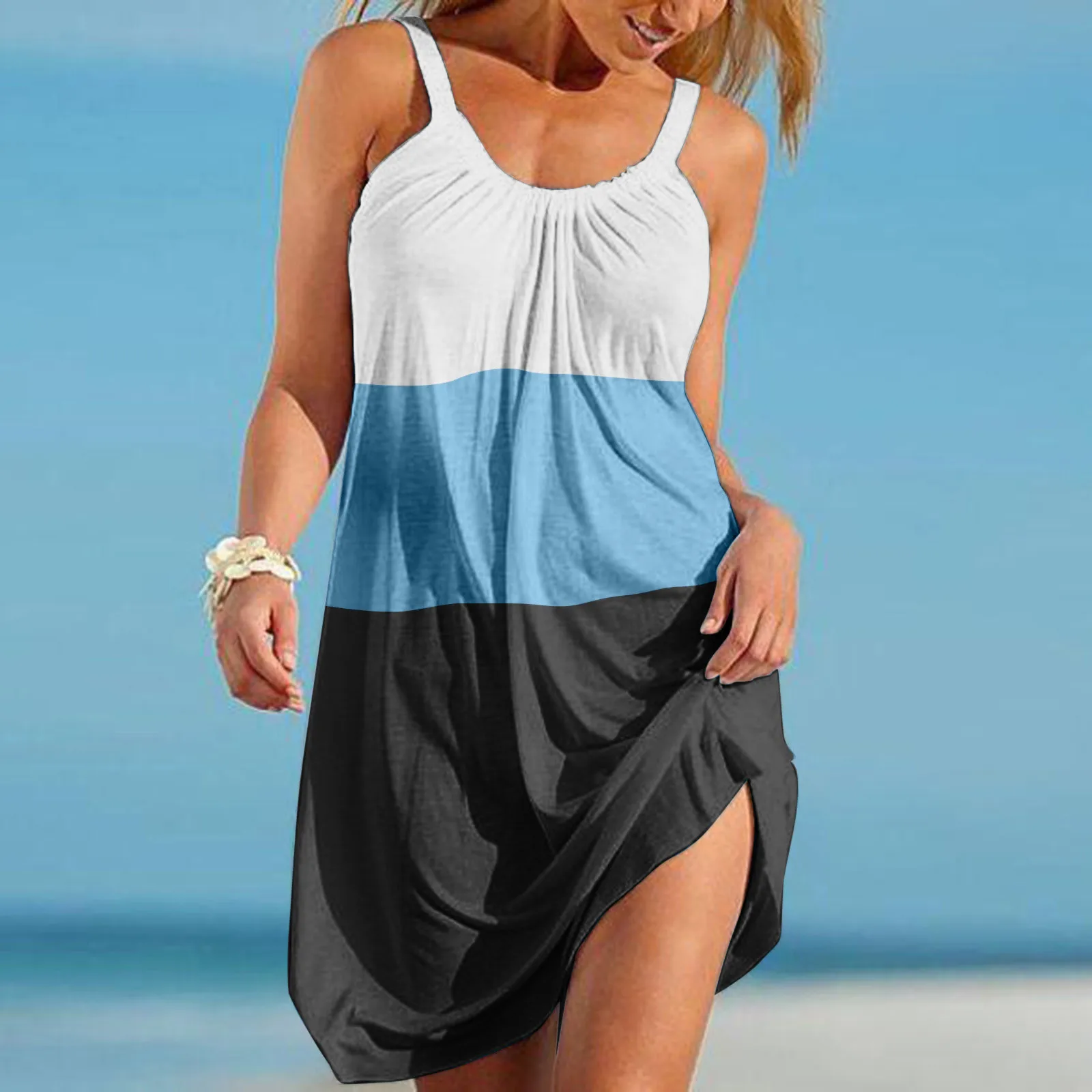 

Женское Повседневное платье без рукавов, модное свободное пляжное платье большого размера, женское плиссированное платье с квадратным выр...