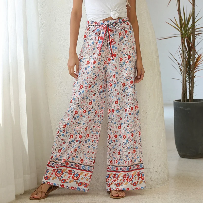 

Vintage Pants Women Floral Print Wide Leg Bohemian Pants Ladies Sashes Loose Rayon Boho Long Pants