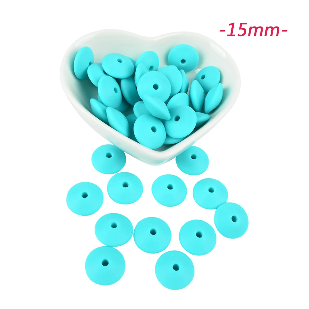 15mm turquoise LOFCA 100 шт. силиконовые бусины в форме чечевицы 12/15 мм Силиконовые Бусины россыпью детский прорезыватель BPA микроволновых печей DIY бусины для ожерелье-прорезыватель - Цвет: 15mm turquoise