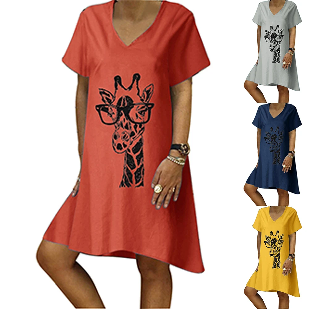 

Women's Clothing Casual Kawaii Giraffe Printed Casual Short Sleeve Loose V-Neck T-Shirt Dress Summer A-line Vestidos