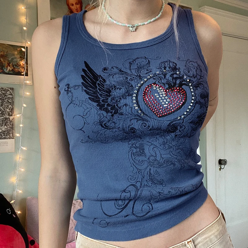 

y2k Printed Crop Top Knitted Diamonds Kawaii Grunge Tank Tops Fairycore Sleeveless Sweats Cute Mini Vest Women Retro