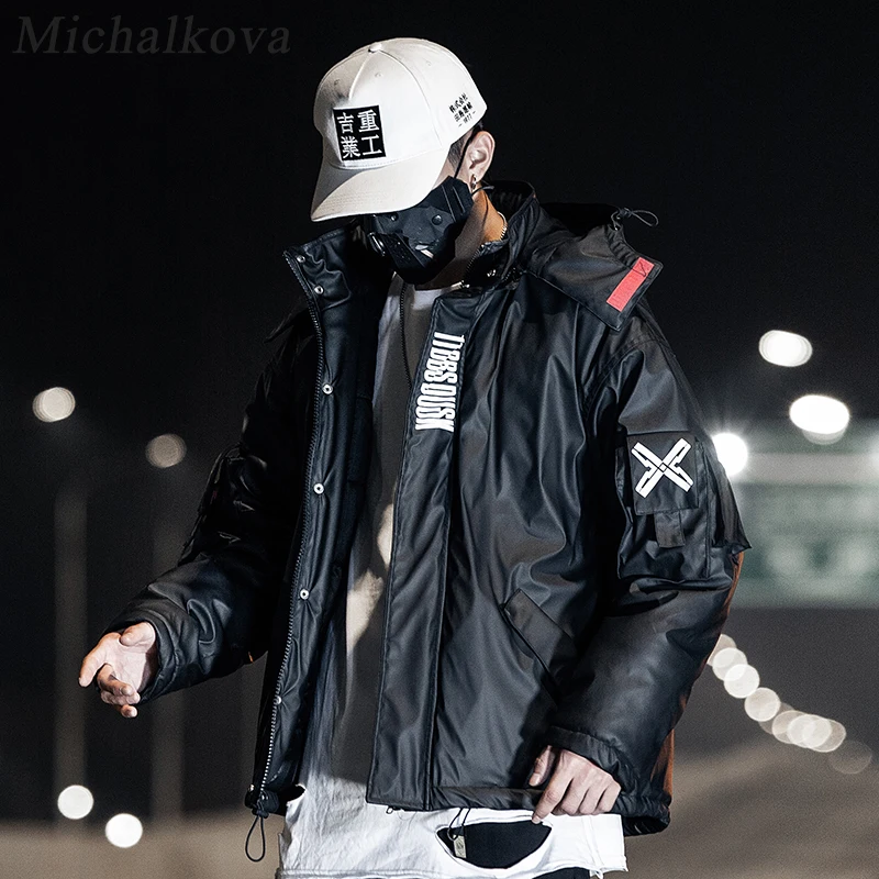 Michalkova из искусственной кожи парка с капюшоном куртка Techwear хип-хоп мягкие куртки