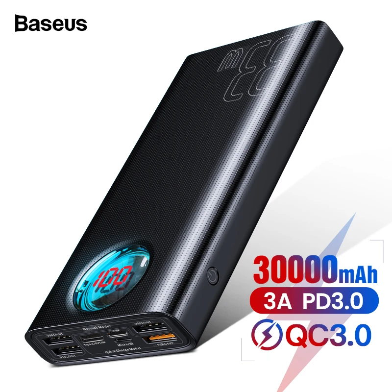 Baseus, 30000 мА/ч, зарядное устройство USB C PD3.0, быстрая зарядка, 3,0, 30000 мА/ч, портативное Внешнее зарядное устройство для Xiaomi Mi