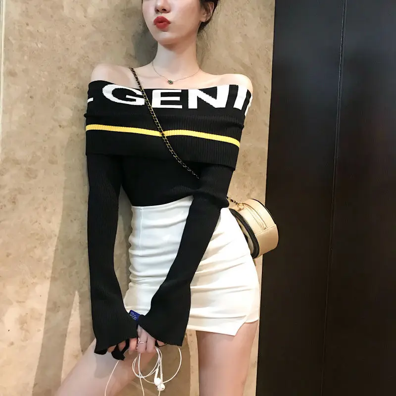 

Spring Autumn Sexy sweaters Letter Slash Neck Crop Tops long sleeve women pullovers sweaters Pink Fashion Party Knit Tops NS36