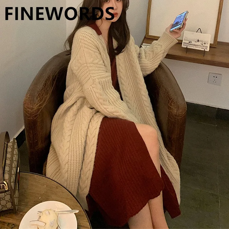 

FINEWORDS Autumn Twist Long Knitted Cardigans Women Khaki Vintage Winter Sweater Coats Korean Streetwear Basic Casual Cardigan