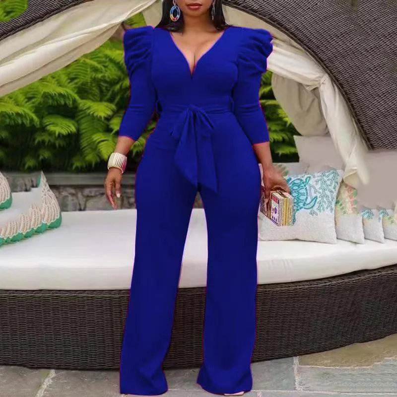 

Solid large size Belt Puff Sleeve Straight Jumpsuit Streetwear Tortuous Neck Solid Jumpsuit One-piece Workwear Classic Set