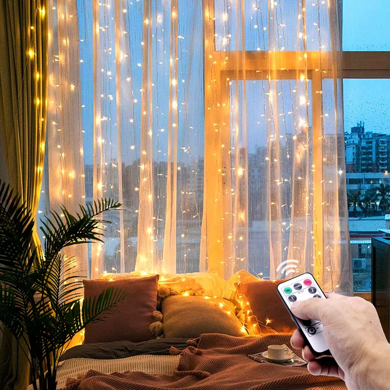 Christmas LED Fairy Lights Garland Curtain String Lights Remote Control Included Home Decoration Bedroom Window Holiday Lighting