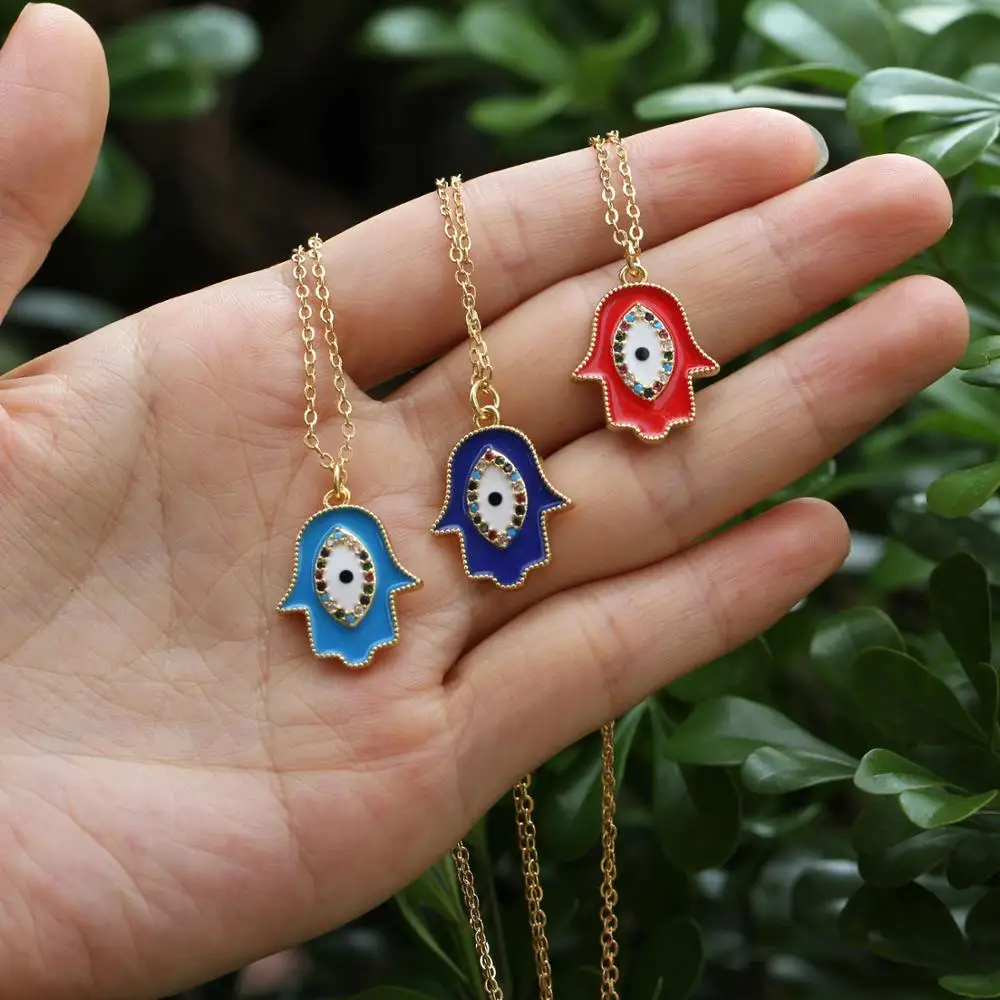 

New fashion gold enamelled Fatima hamza charm palm-eye pendant necklace designed specifically for women jewelry