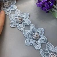 10x blue lace trim ribbon pearl beaded polyester 3d leaf flower fabric handmade embroidered knitting patches sewing craft 5 7cm