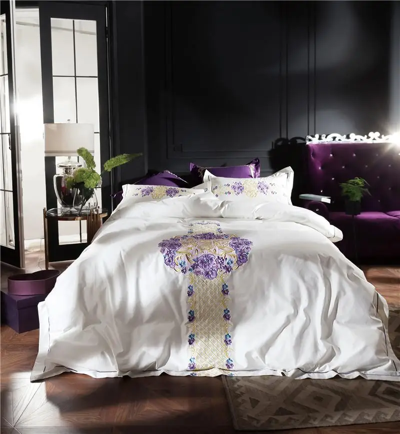 

Oriental Embroidery Luxury Bedding Set Egyptian cotton Bed cover set Queen King Size Duvet cover White Blue Bed sheet set 4/6Pcs