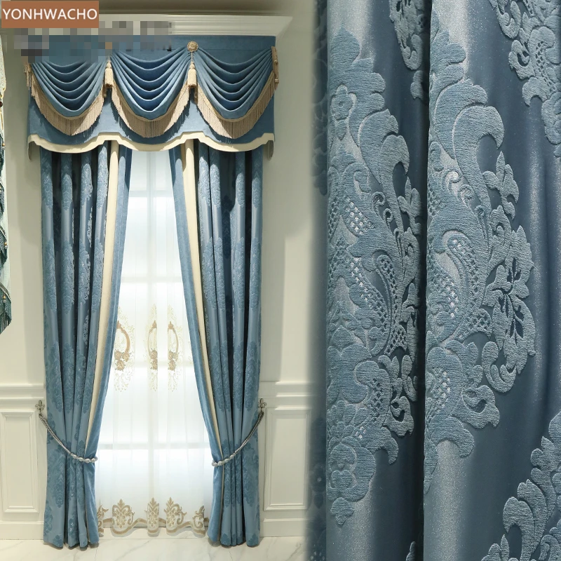 

Custom curtain Light luxury blue Double-sided Silky high-precision chenille cloth blackout curtain valance tulle panel C251