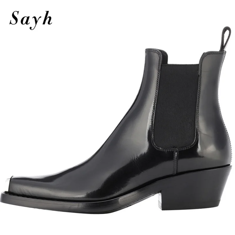 

Size US14 Women Ankle Boots Punk Patent Leather Pointed Toe Chunky Heels Rome Rock Modern Boots Chelsea Shoes