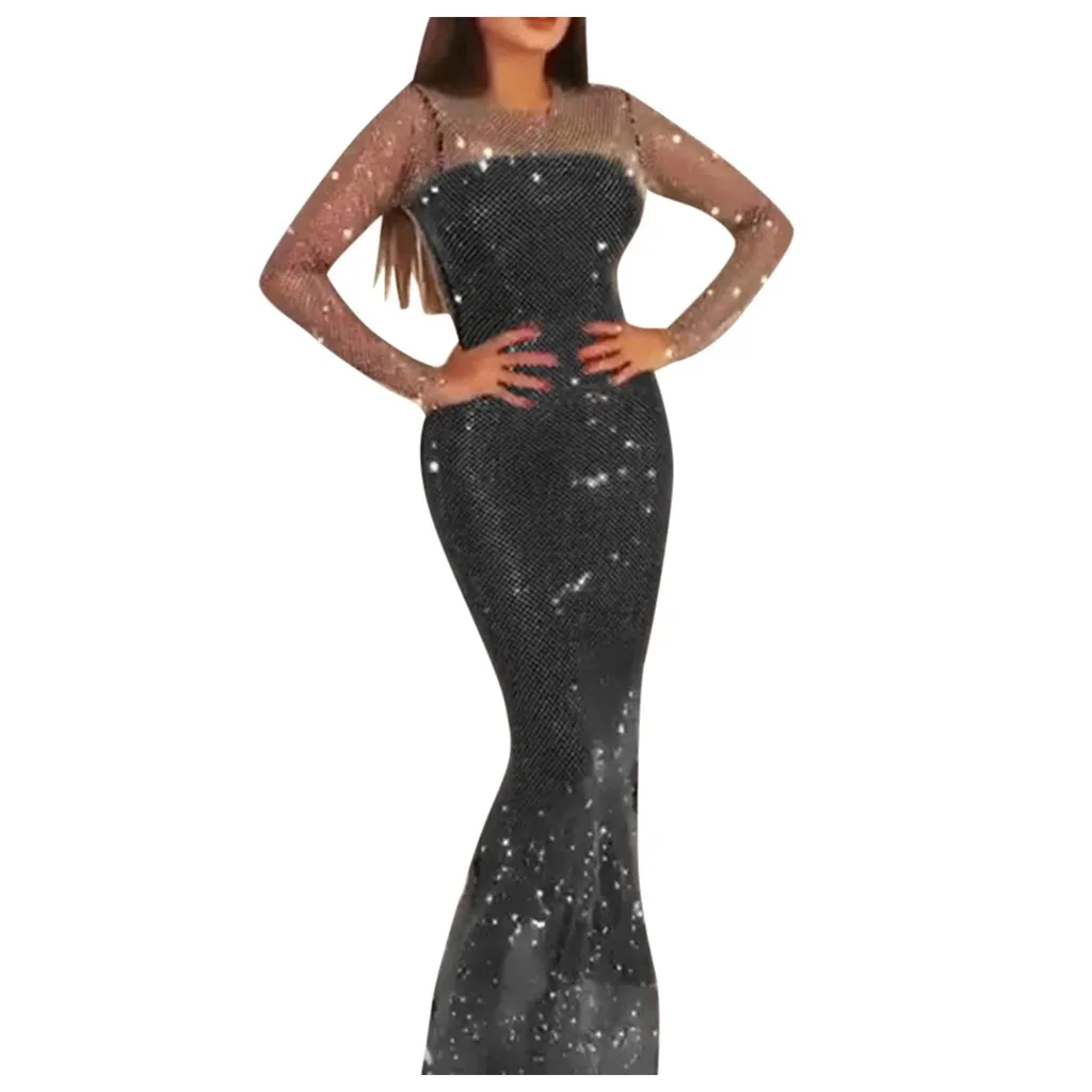 Женское платье с длинным рукавом однотонное блестящее Сетчатое русалка вечернее