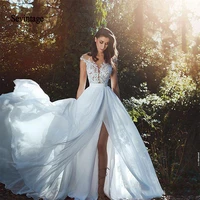 sevintage sexy illusion back boho wedding dresses lace applique side split chiffon beach bridal gowns vestidos de noiva