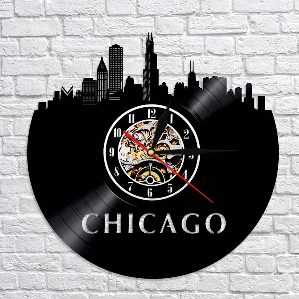 Настенные 3D часы с изображением города США Чикаго современный дизайн виниловые