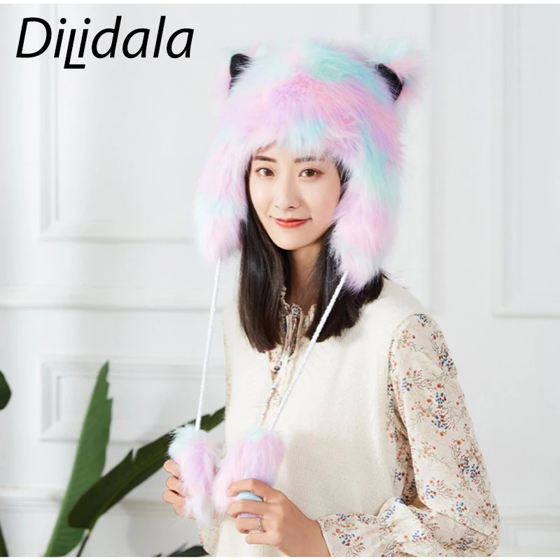 Dilidala зимняя теплая вязаная меховая шапка для женщин плюс бархатная утолщенная