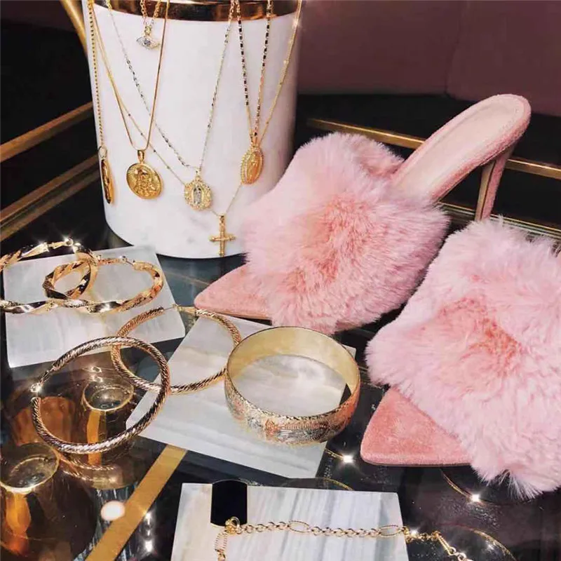 

Summer Woman Pumps Flock Luxury Rabbit Fur Candy Color High Heels Fur Peep Toe Slippers Ladies Slides Shoes