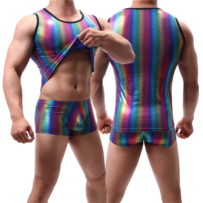 Camisetas sin mangas de cuero sintético para hombre, ropa interior a rayas de arco iris, Bóxer corto, conjunto de ropa interior