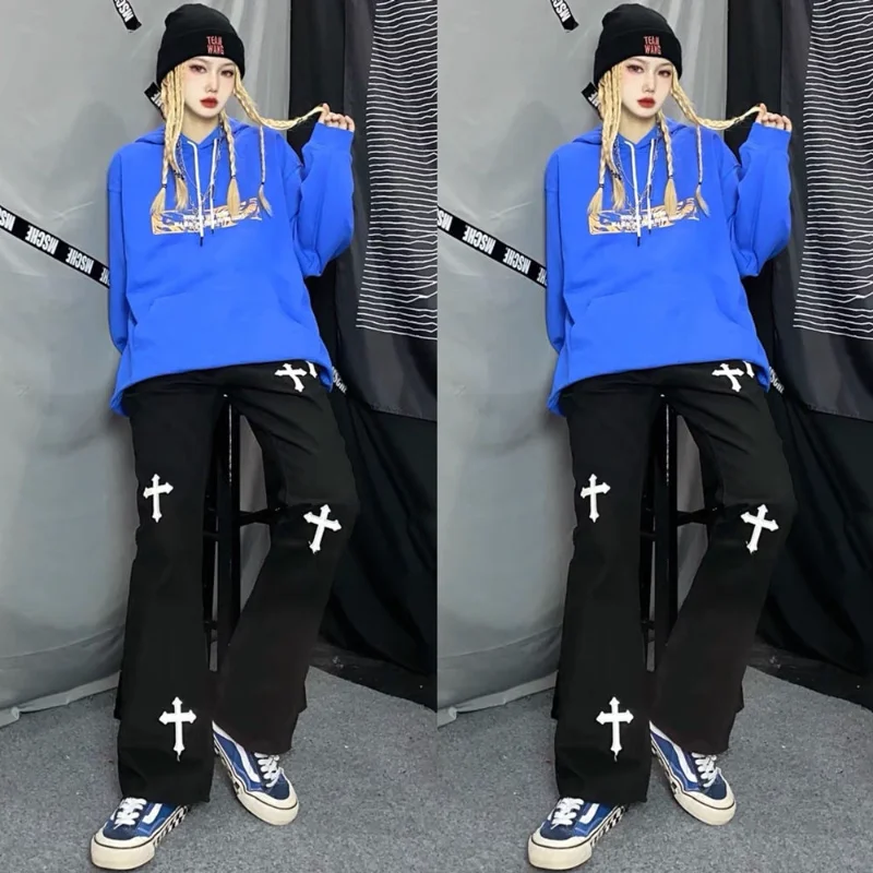 

Y2k Fashion Cross Jeans Vintage Black Streetwear Hip Hop Gothic Korean Loose High Waist Denim Slim Straight Female Flare Jeans