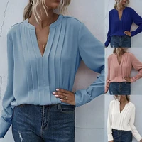 fashion solid color women pleated shirt long sleeve pullover v neck loose shirt for office women blouse