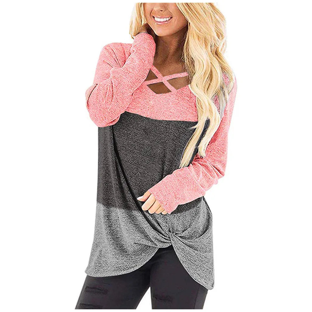 

2021 new chest cross color matching twisted long sleeve T-shirt