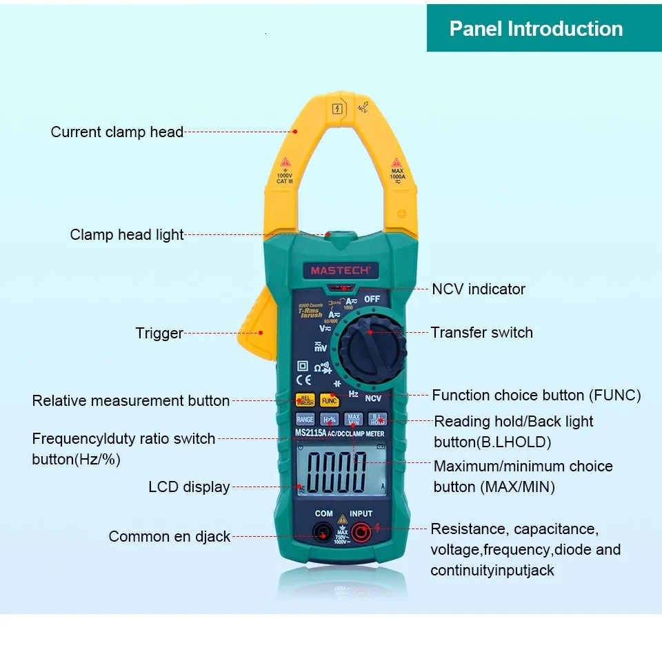 MASTECH цифровой клещи MS2115A AC/DC 1000A Автоматический диапазон клещи мультиметр клещи измеритель тока тестер 6000 отсчетов