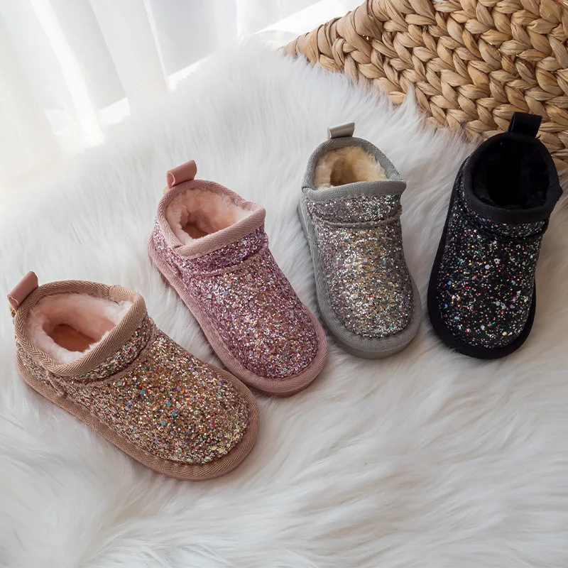 

Children's Snow Boots Winter New Style Sequins Soft Sole Comfortable Casual Cotton Shoes Girls Non-slip Warm Plush Princess