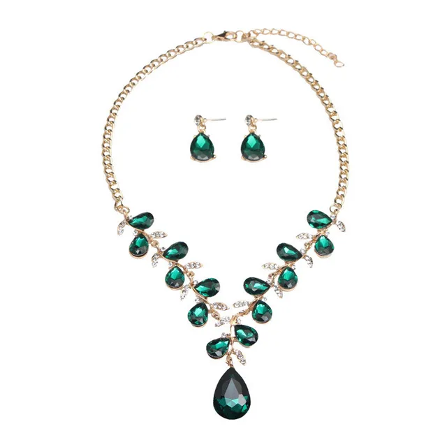 Leaf Jewelry Sets Bridal Gold Color Necklace Earrings Green Water Drop Crystal For Women Fashion Jewelry Set Accessories 6
