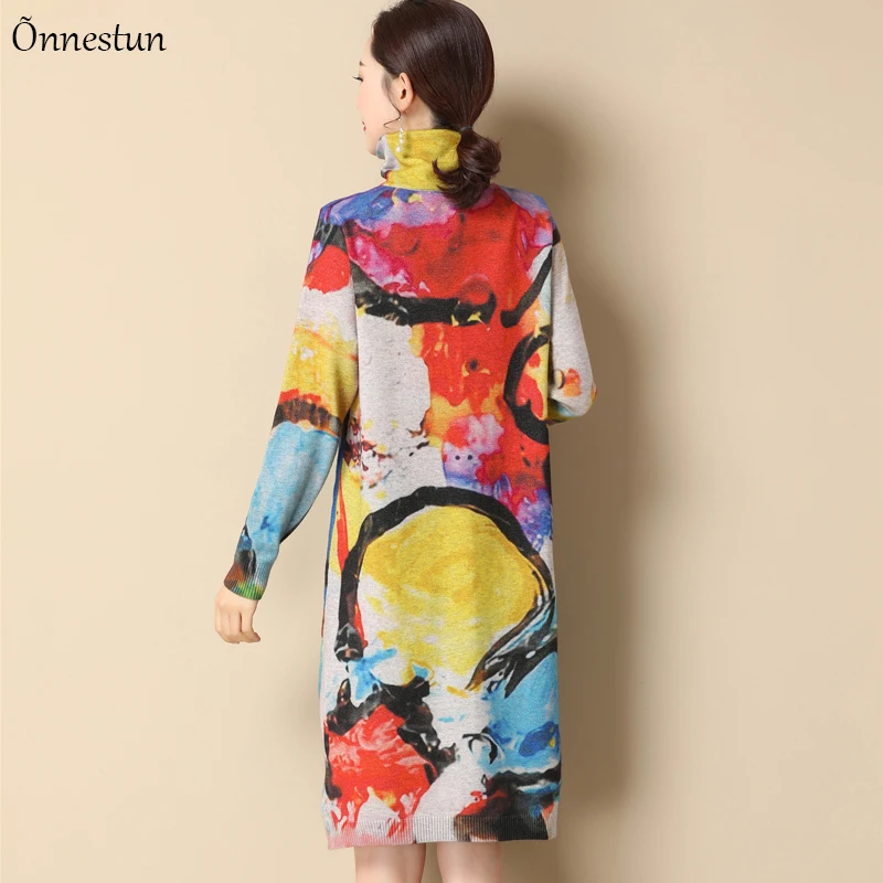 

Turtleneck Long Sweater Dress Women Winter Fashion Long Sleeve Pullovers Print Pull Femme Jumper Plus Size Sweater Women
