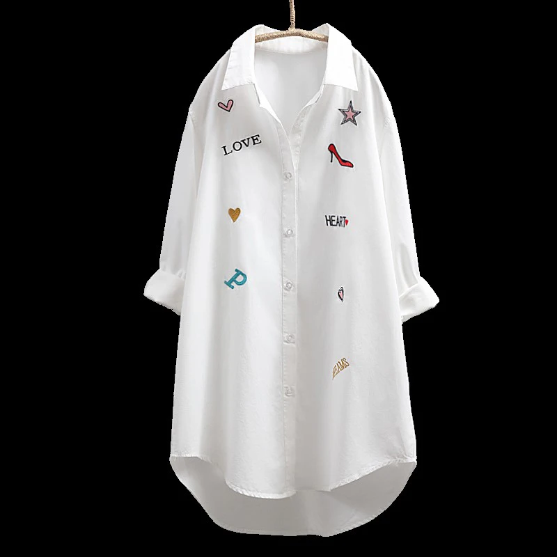 

Spring Autumn White Shirts Women Medium Long Cotton Letters Embroidery Shirt L1011035