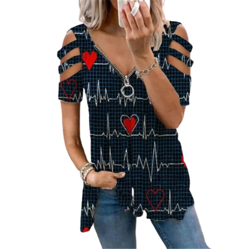 

Fashion Heartbeat Print Zipper V-Neck T-shirts Women Sexy Hallow Out Short Sleeve Tops Summer New Trends Plus Size Tshirts S-5XL